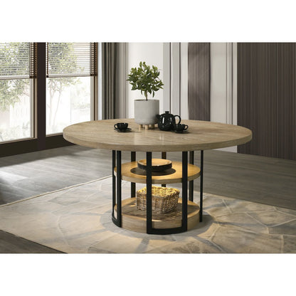 59" Round Rustic Oak Dining Table with LED Light, Black Metal Frame, Shelves