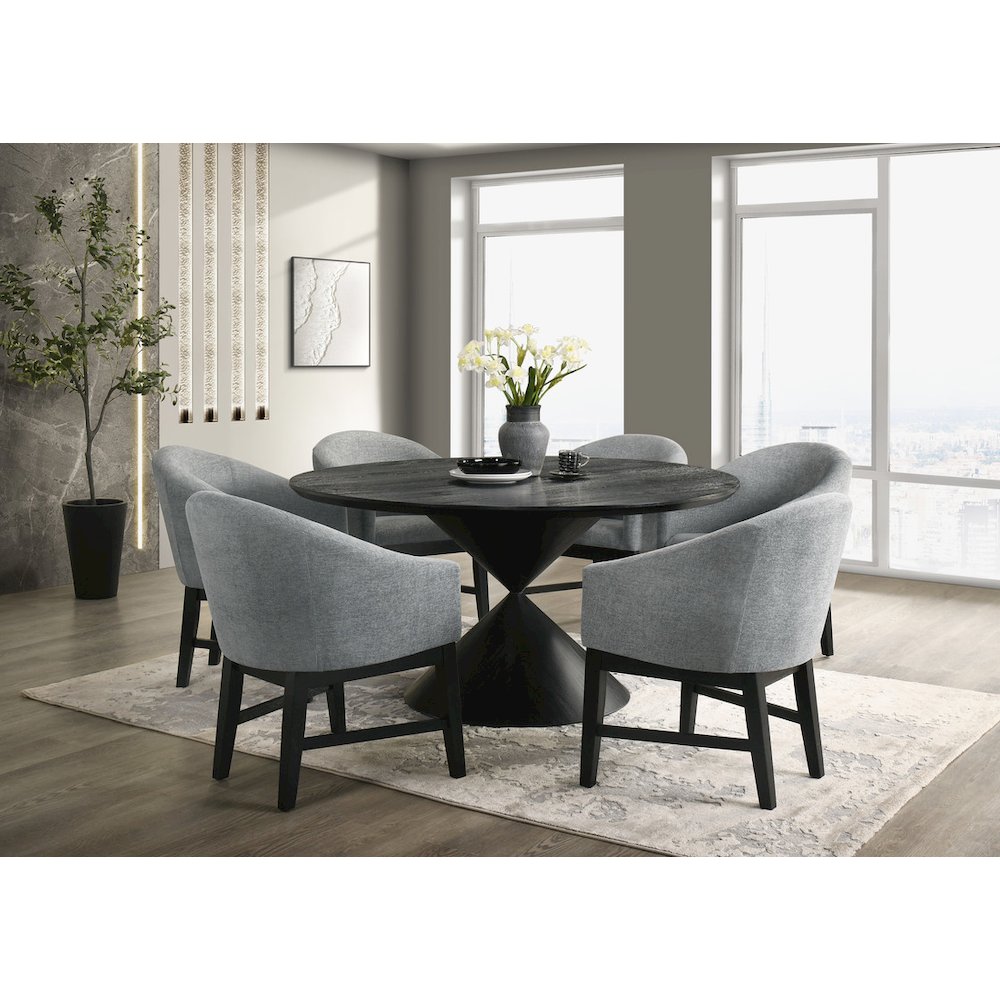 7Pc 59" Round Ebony Black Pedestal Dining Set with Table Base Barrel Chairs