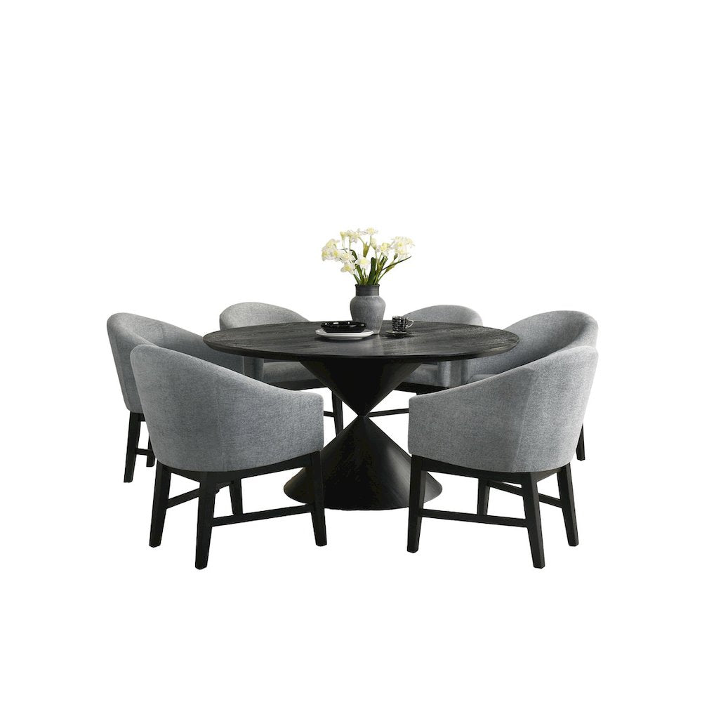 7Pc 59" Round Ebony Black Pedestal Dining Set with Table Base Barrel Chairs