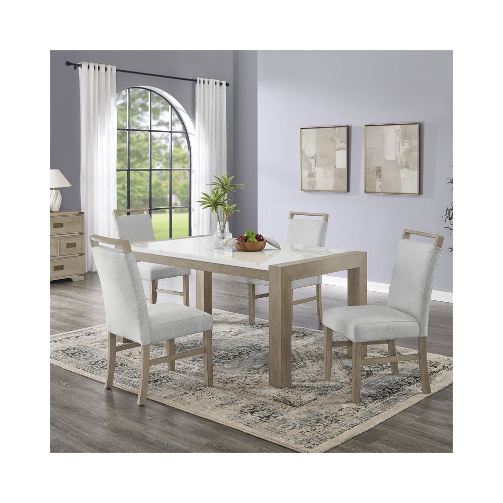Tabitha 5Pc 66" Rectangular White Faux Marble Top Dining Set in Light Oak Finish