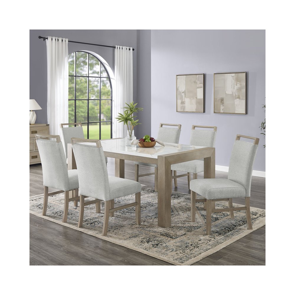 Tabitha 7Pc 66" Rectangular White Faux Marble Top Dining Set in Light Oak Finish