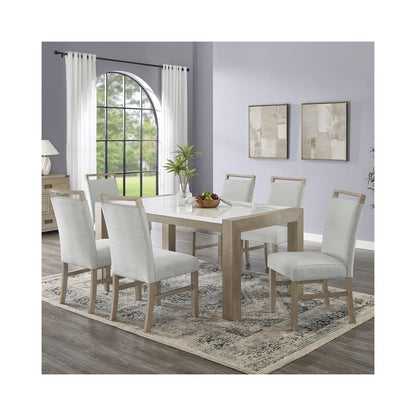Tabitha 7Pc 66" Rectangular White Faux Marble Top Dining Set in Light Oak Finish