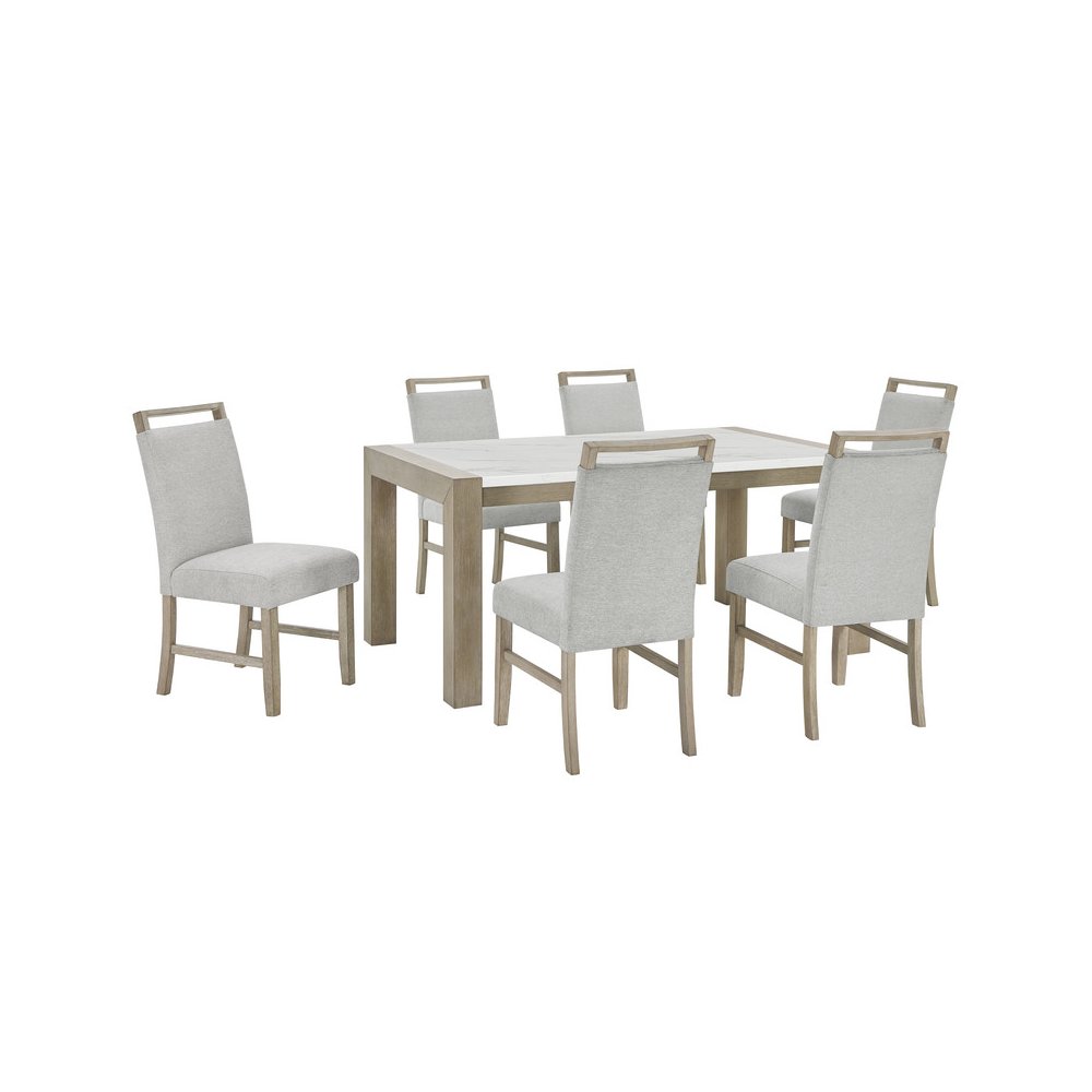 Tabitha 7Pc 66" Rectangular White Faux Marble Top Dining Set in Light Oak Finish