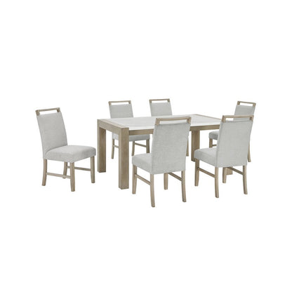 Tabitha 7Pc 66" Rectangular White Faux Marble Top Dining Set in Light Oak Finish