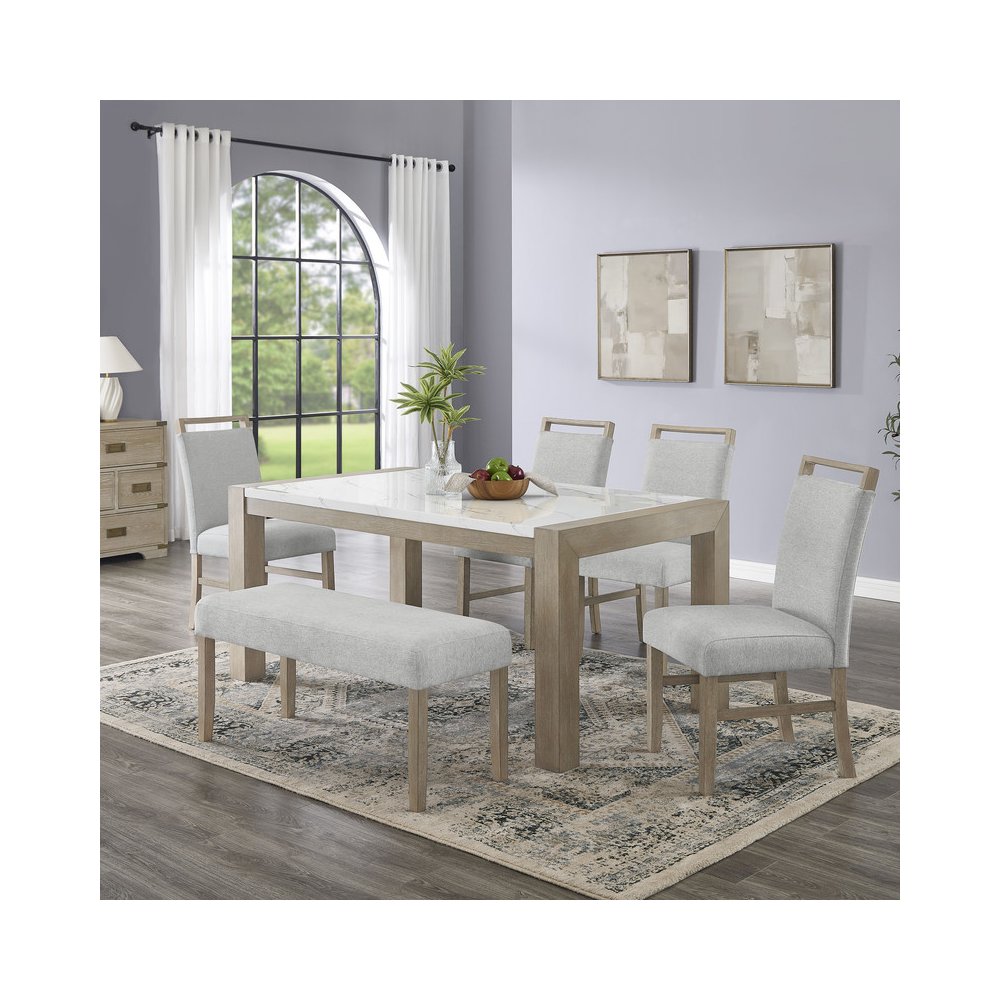 Tabitha 6Pc 66"W Rectangular White Faux Marble Top Dining Set with Bench