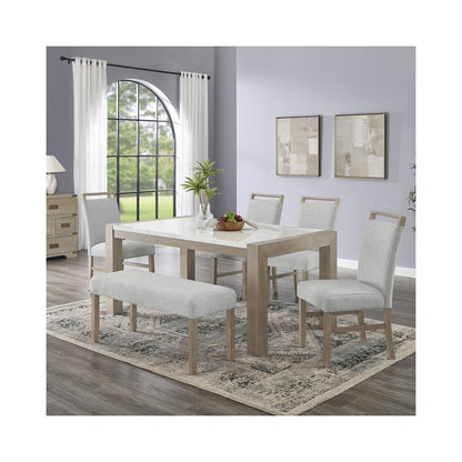 Tabitha 6Pc 66"W Rectangular White Faux Marble Top Dining Set with Bench