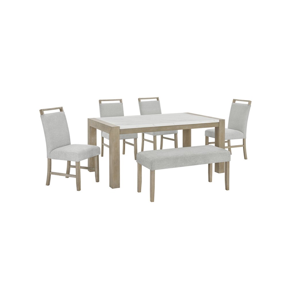 Tabitha 6Pc 66"W Rectangular White Faux Marble Top Dining Set with Bench