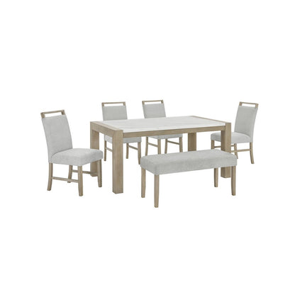Tabitha 6Pc 66"W Rectangular White Faux Marble Top Dining Set with Bench