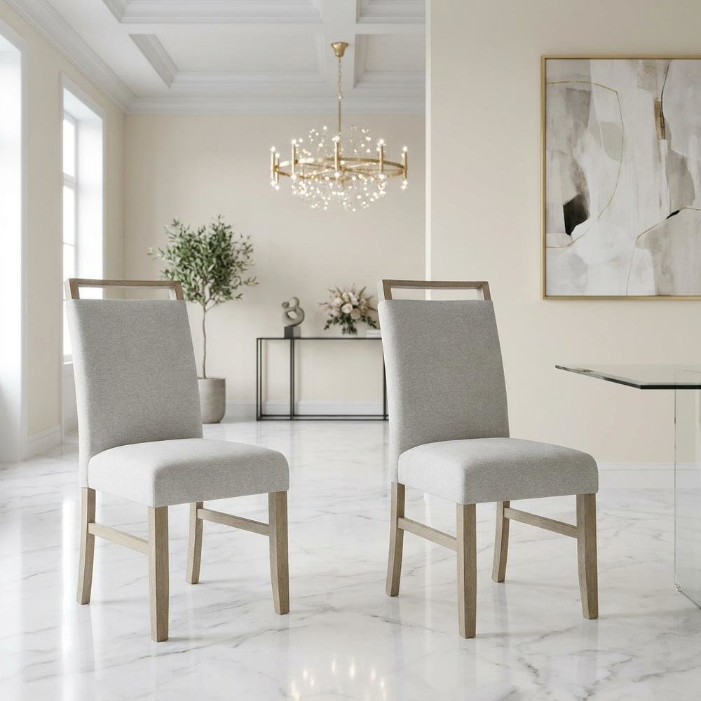 Set of 2 Light Oak Dining Chairs with Gray Fabric Upholstery, Transitional Style