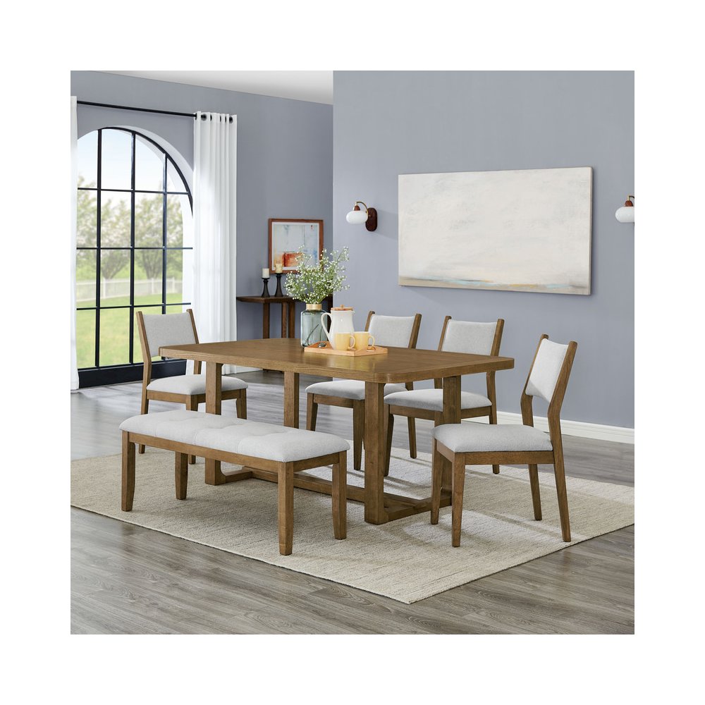 Darla 6Pc 72"W Rectangular Walnut Oak Finish Sled Dining Set with Bench