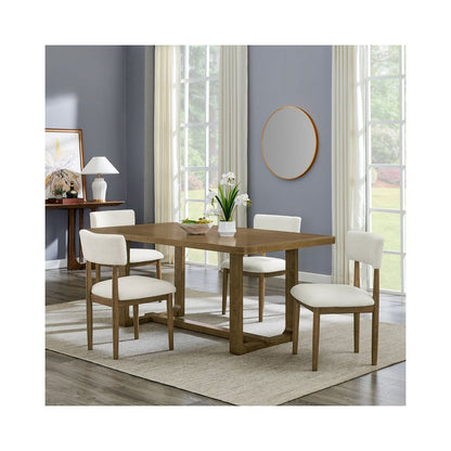 5Pc 72" Rectangular Walnut Oak Finish Sled Dining Set with Sherpa Fabric Chairs