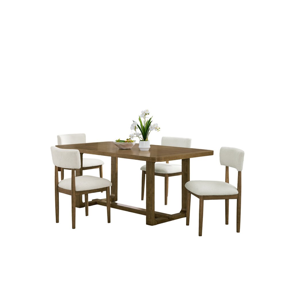 5Pc 72" Rectangular Walnut Oak Finish Sled Dining Set with Sherpa Fabric Chairs