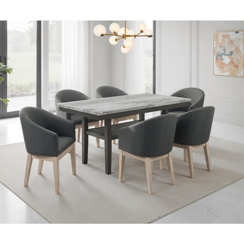 7-Piece Dining Set with 60" Rectangular Table,& 6 Gray Barrel Chairs
