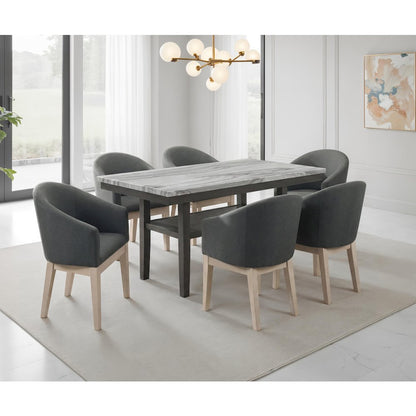 7-Piece Dining Set with 60" Rectangular Table,& 6 Gray Barrel Chairs