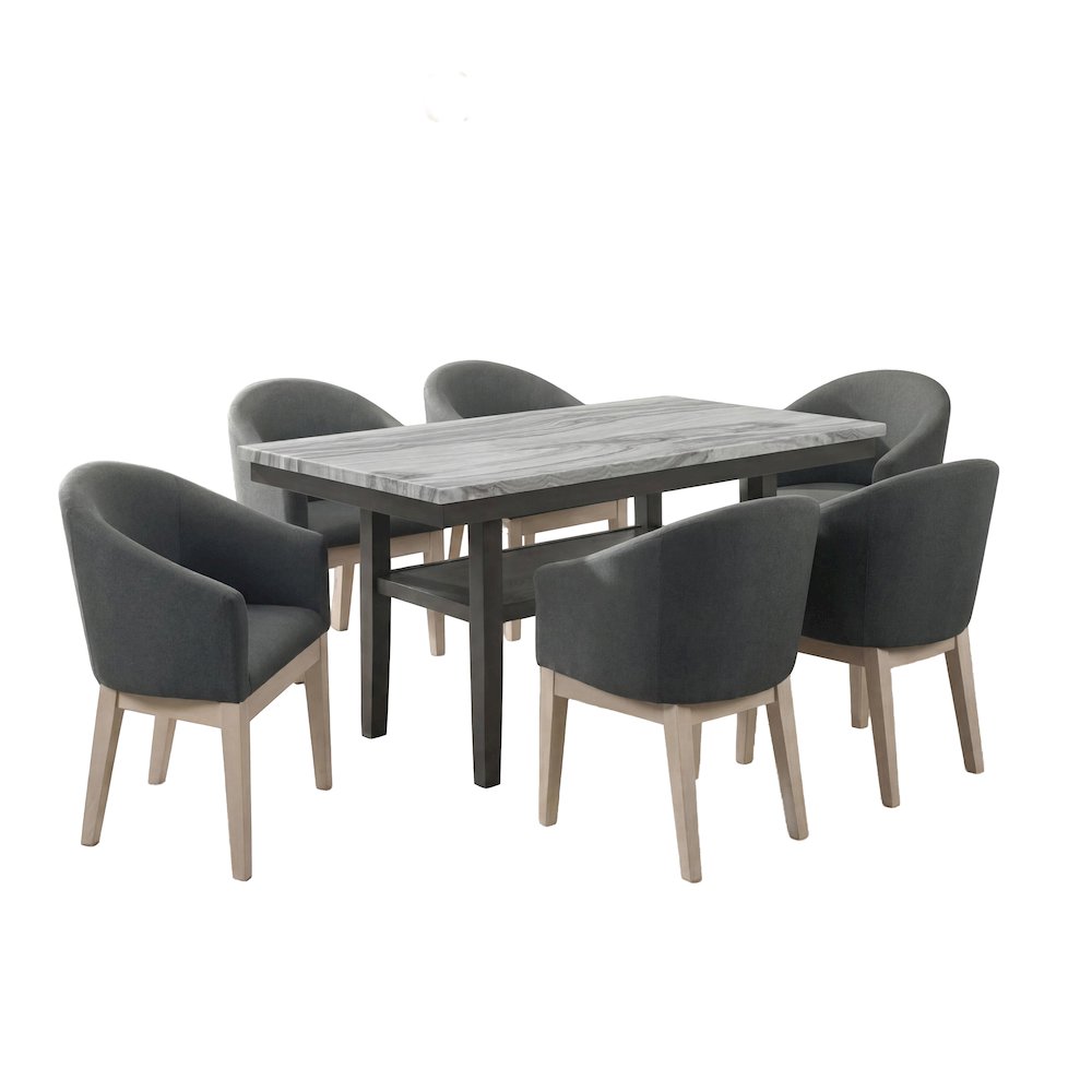 7-Piece Dining Set with 60" Rectangular Table,& 6 Gray Barrel Chairs