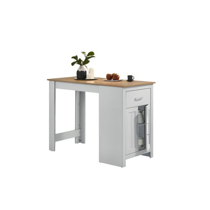 Oak and White Counter Height Dining Table with Cabinet and Drawer Storage