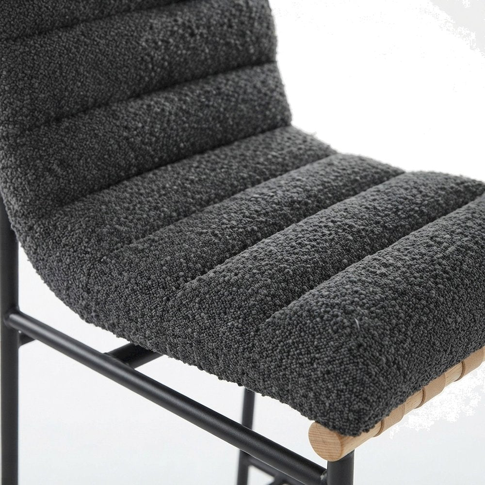 Boucle Fabric Upholstered Counter Stool with Wood-Finish Bar, Dark Gray