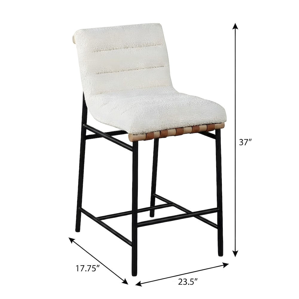 Boucle Upholstered Counter Stool with PU Leather Strap Detail