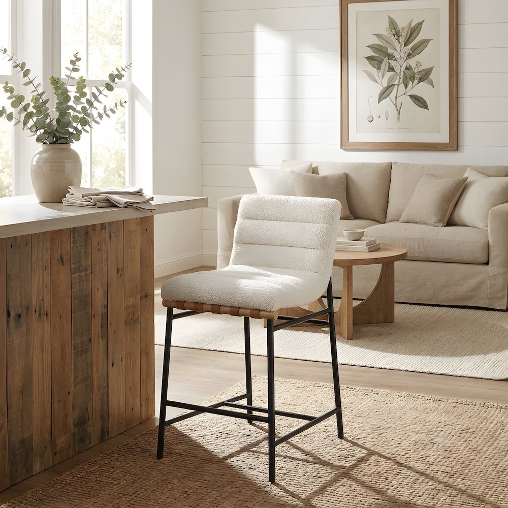 Boucle Upholstered Counter Stool with PU Leather Strap Detail