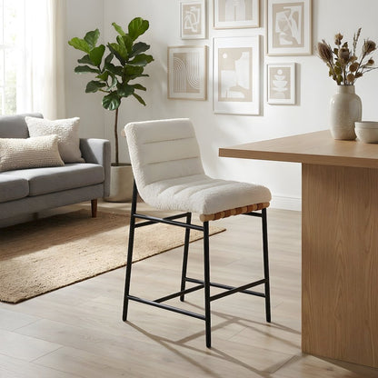 Boucle Upholstered Counter Stool with PU Leather Strap Detail