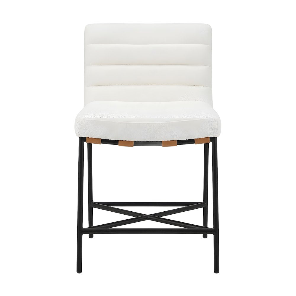 Boucle Upholstered Counter Stool with PU Leather Strap Detail
