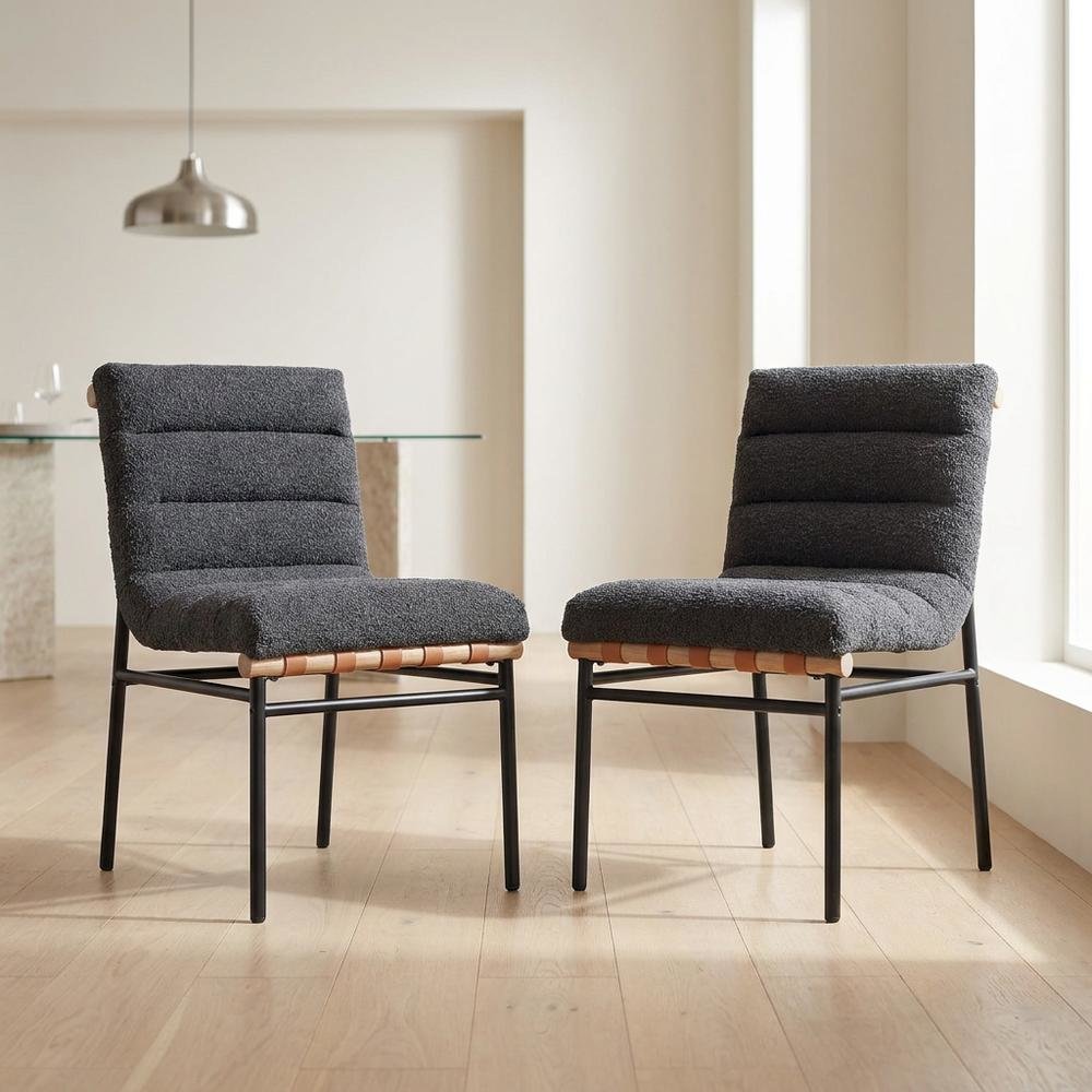 Dark Gray Boucle Fabric Dining Chairs Set of 2 with Black Iron Legs