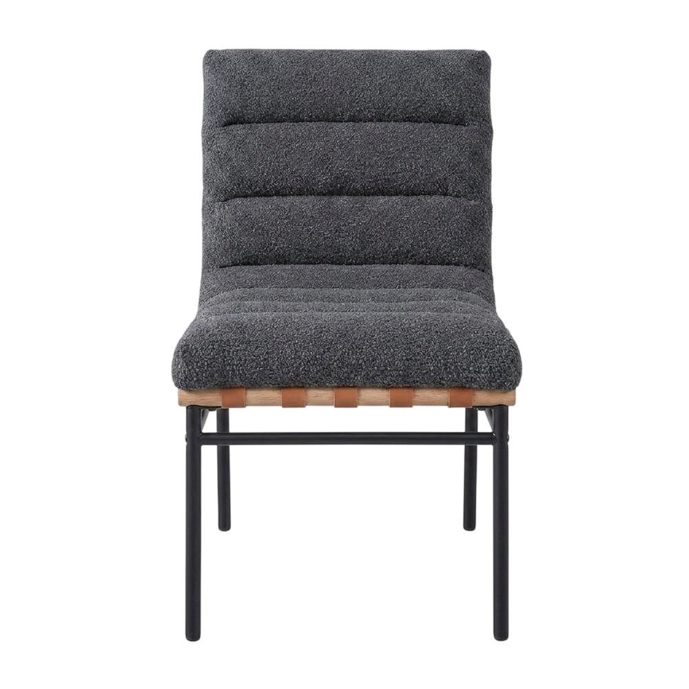 Dark Gray Boucle Fabric Dining Chairs Set of 2 with Black Iron Legs