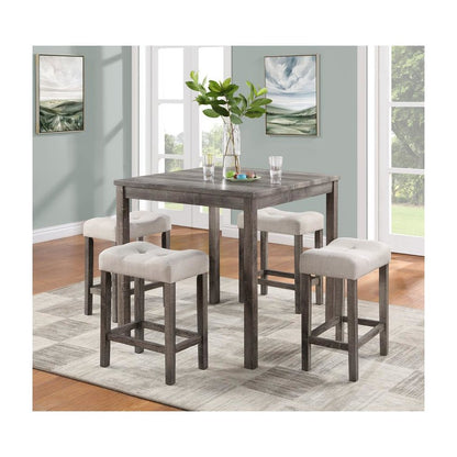 Lucian Brown 5 Piece Counter Height 36" Pub Table Set with Tufted Creamy White Linen Stools