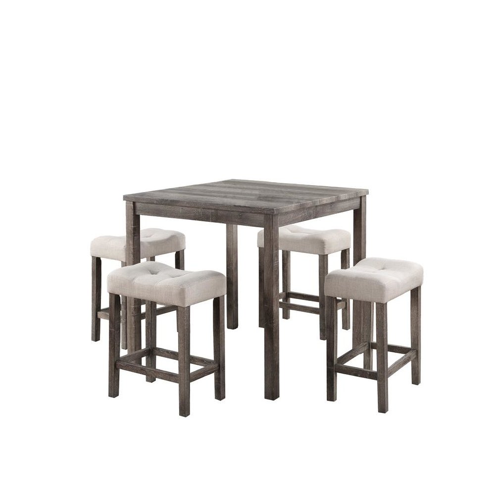 Lucian Brown 5 Piece Counter Height 36" Pub Table Set with Tufted Creamy White Linen Stools
