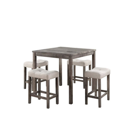 Lucian Brown 5 Piece Counter Height 36" Pub Table Set with Tufted Creamy White Linen Stools