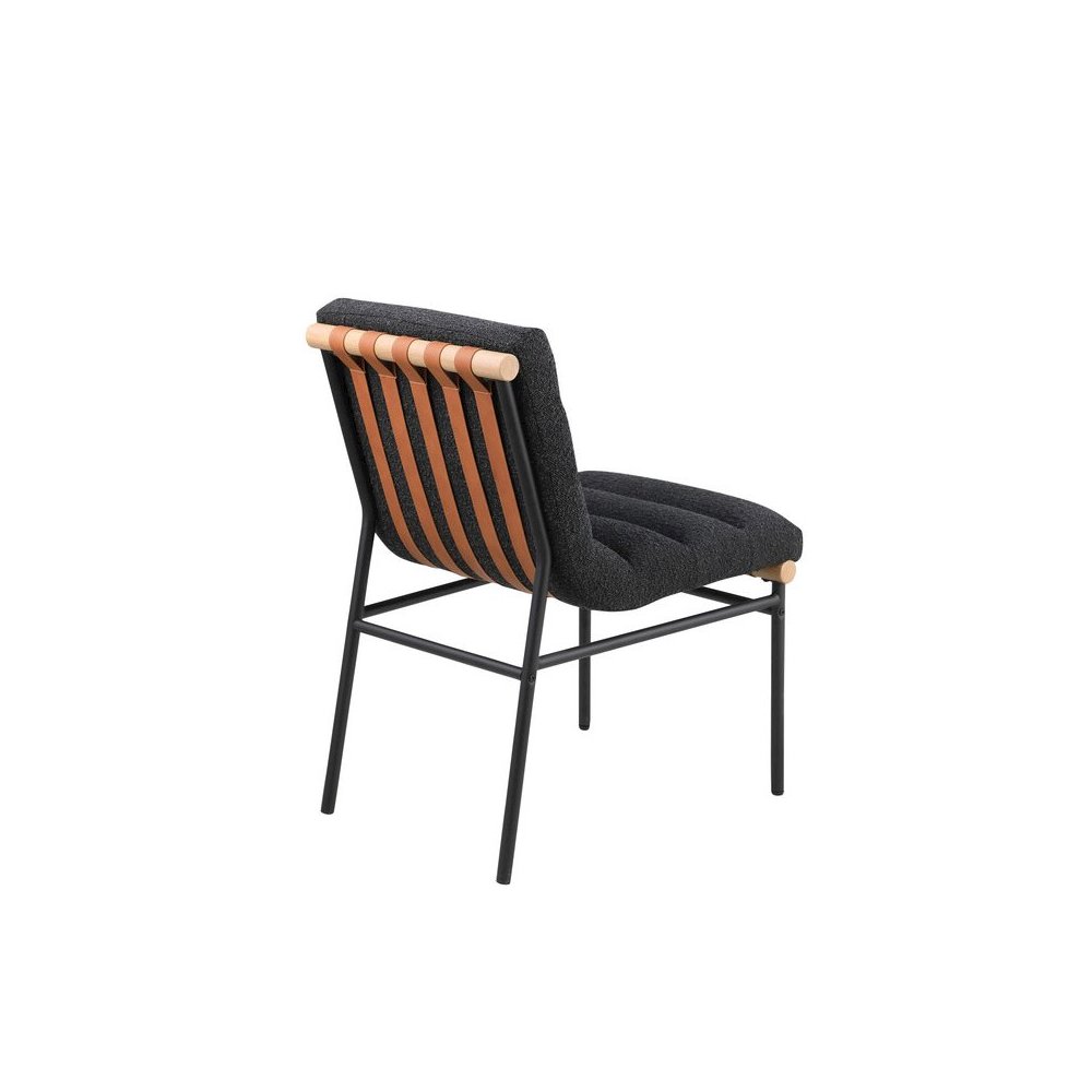Set of 2 Dining Chairs, Black Boucle, Cognac PU, Black Iron Legs