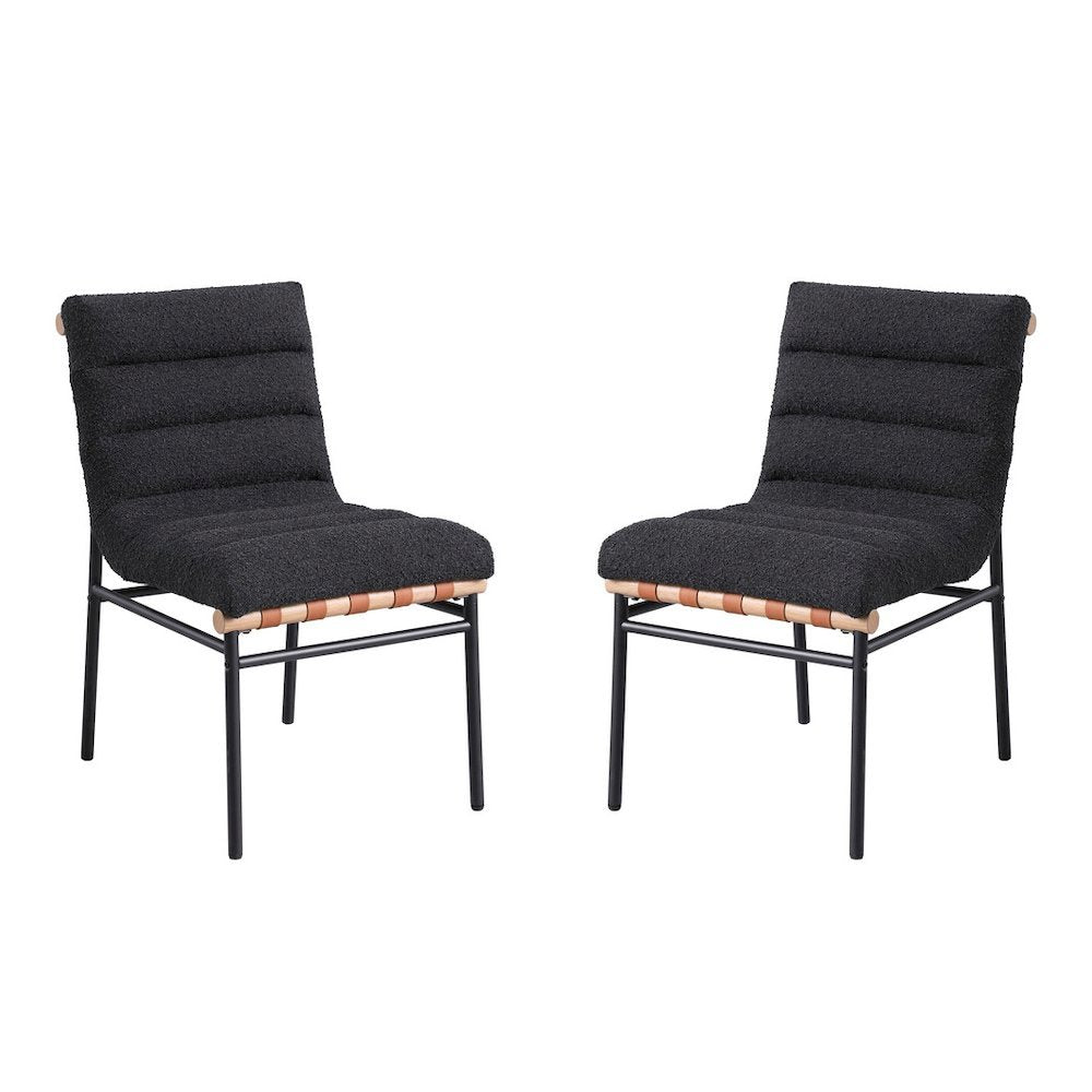 Set of 2 Dining Chairs, Black Boucle, Cognac PU, Black Iron Legs