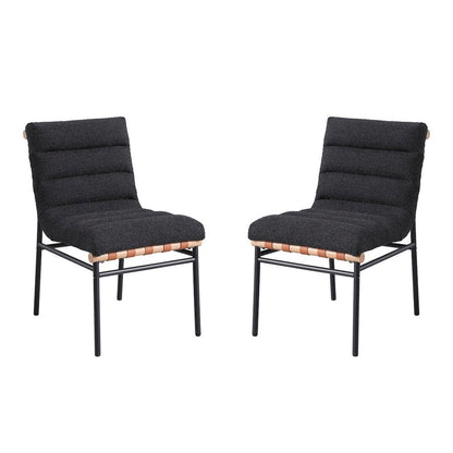 Set of 2 Dining Chairs, Black Boucle, Cognac PU, Black Iron Legs