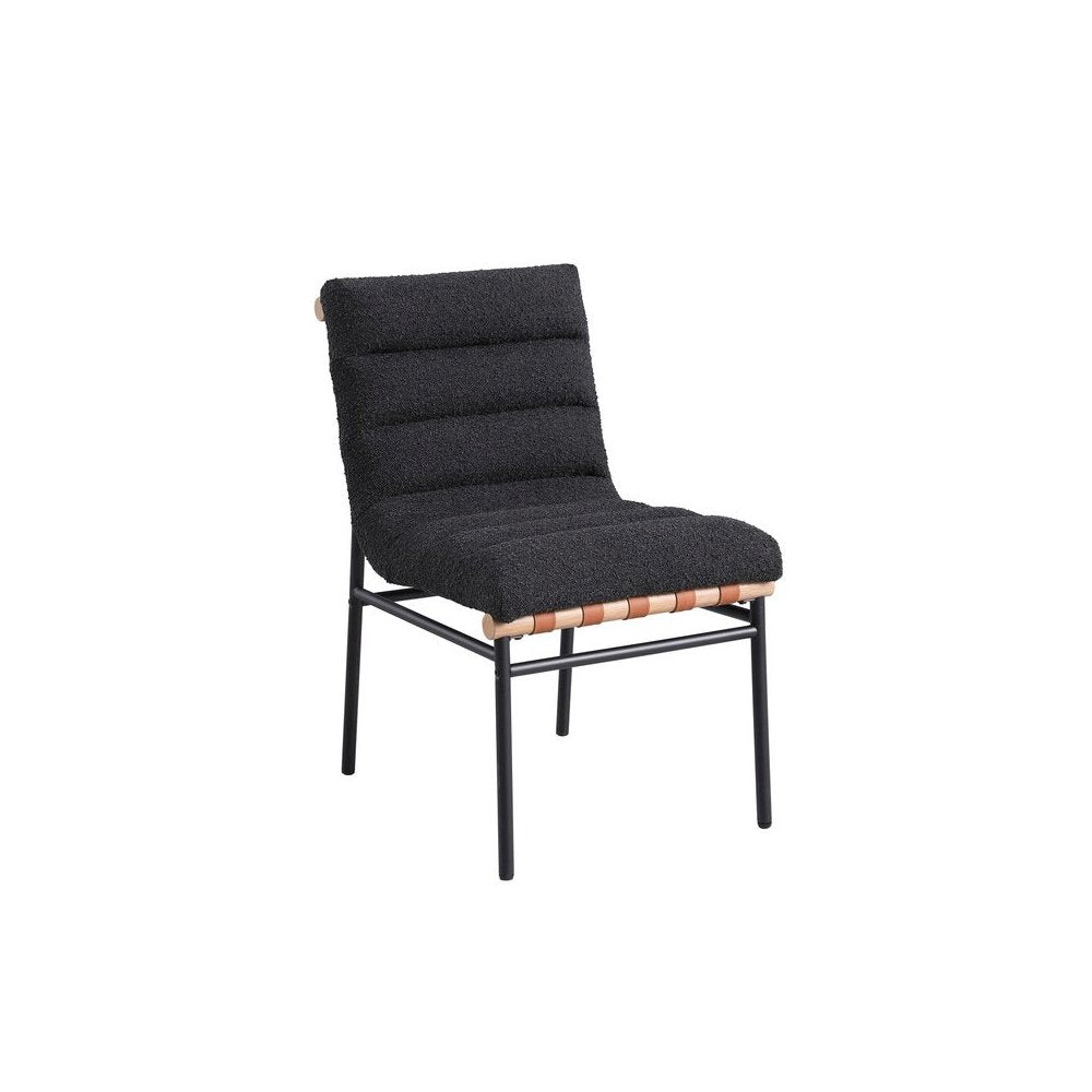 Set of 2 Dining Chairs, Black Boucle, Cognac PU, Black Iron Legs