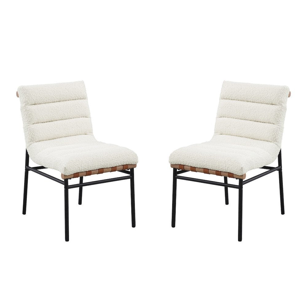 Set of 2 Dining Chairs, White Boucle, Cognac PU, Black Iron Legs