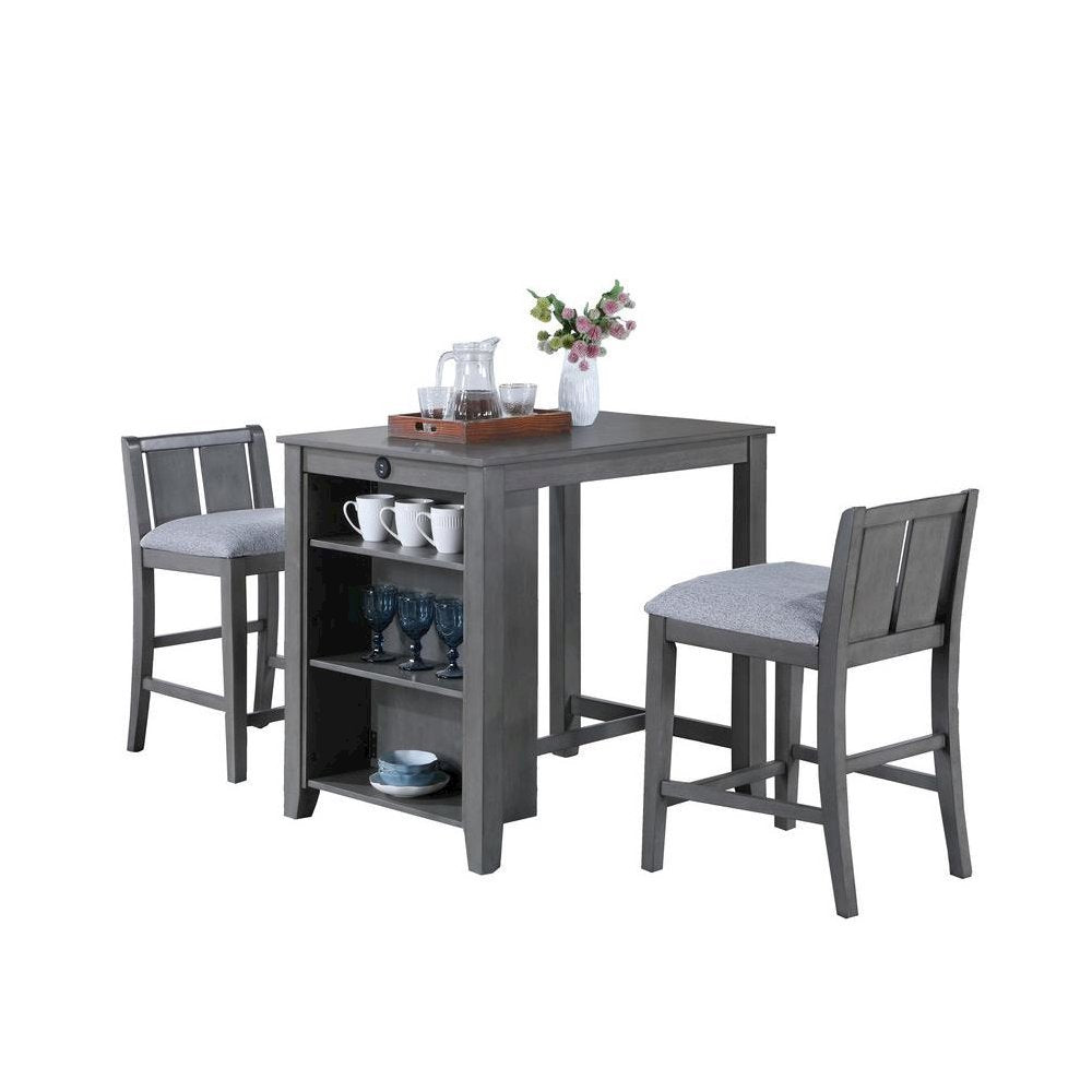 3 Piece Dining Set, Counter Height, USB Ports, Gray