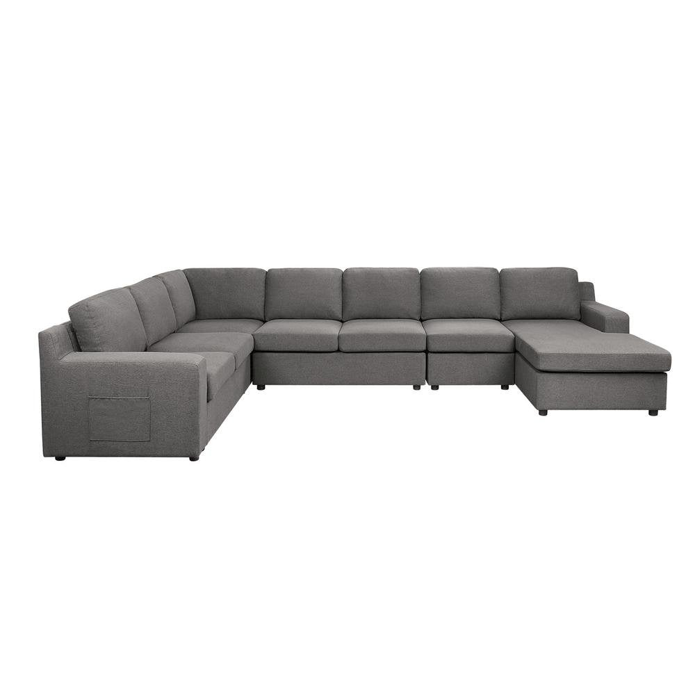 7-Seater U-Shape Sectional Sofa, Gray Linen, Modular, Pocket