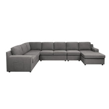 7-Seater U-Shape Sectional Sofa, Gray Linen, Modular, Pocket
