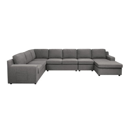 7-Seater U-Shape Sectional Sofa, Gray Linen, Modular, Pocket