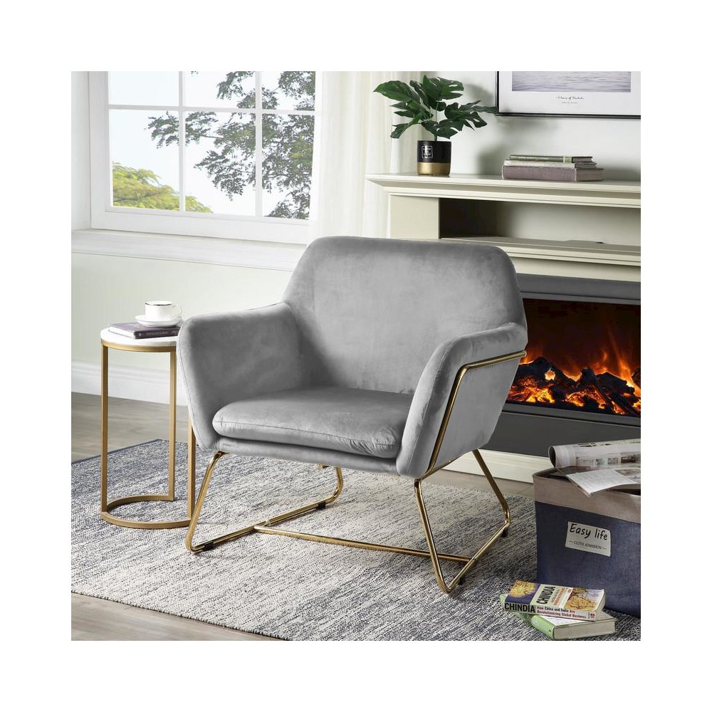 Keira Gray Velvet Accent Chair with Metal Base