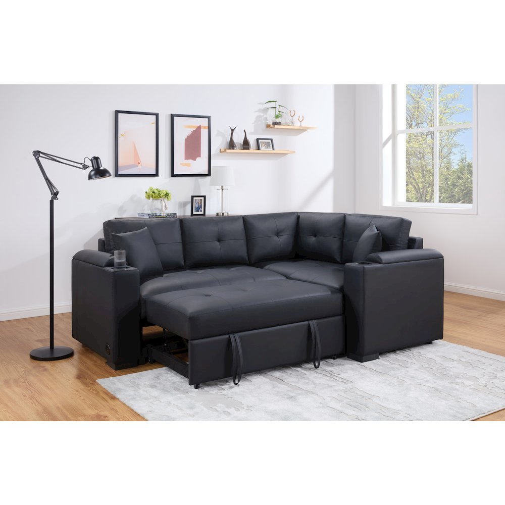 84.5"W Black PVC Fabric Sleeper Sectional