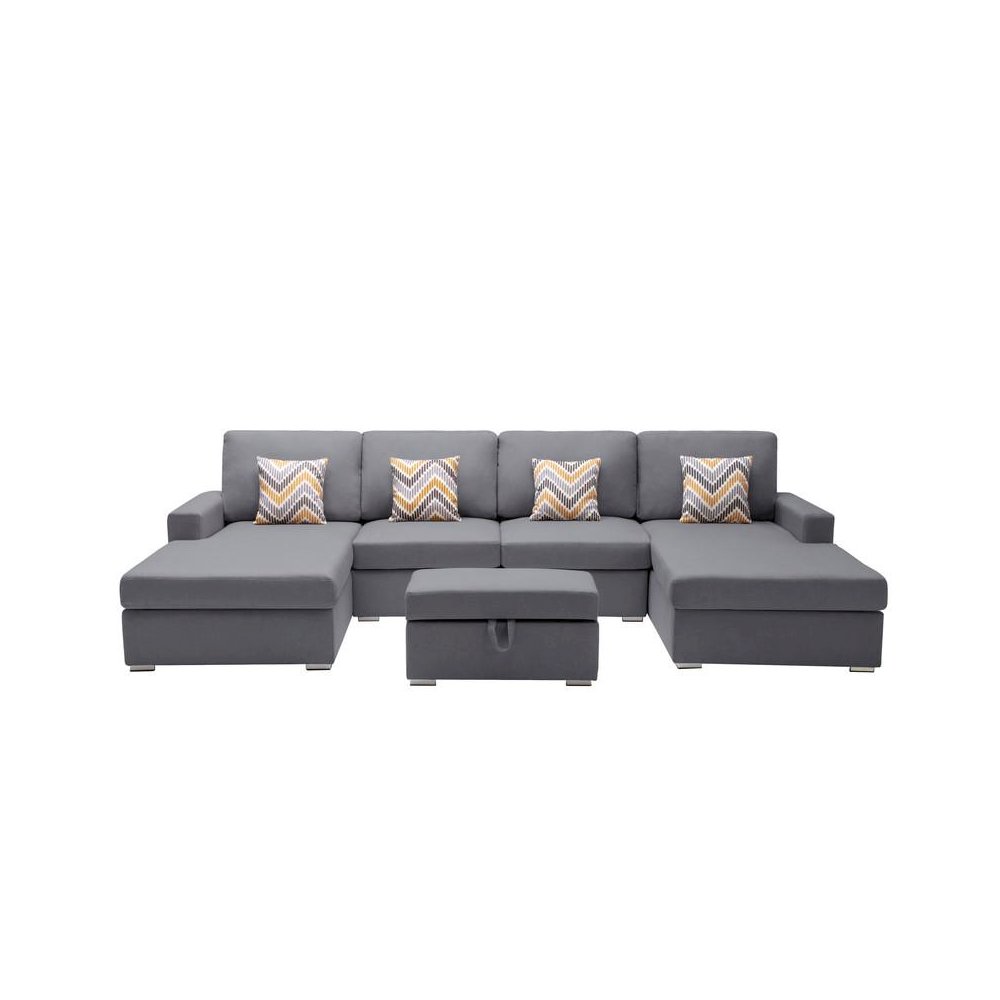 Nolan Gray Linen Fabric 5Pc Double Chaise Sectional Sofa with Interchangeable Legs, Storage Ottoman, and Pillows