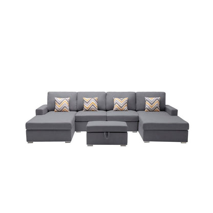 Nolan Gray Linen Fabric 5Pc Double Chaise Sectional Sofa with Interchangeable Legs, Storage Ottoman, and Pillows