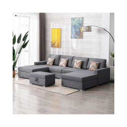 Nolan Gray Linen Fabric 5Pc Double Chaise Sectional Sofa with Interchangeable Legs, Storage Ottoman, and Pillows