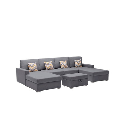 Nolan Gray Linen Fabric 5Pc Double Chaise Sectional Sofa with Interchangeable Legs, Storage Ottoman, and Pillows