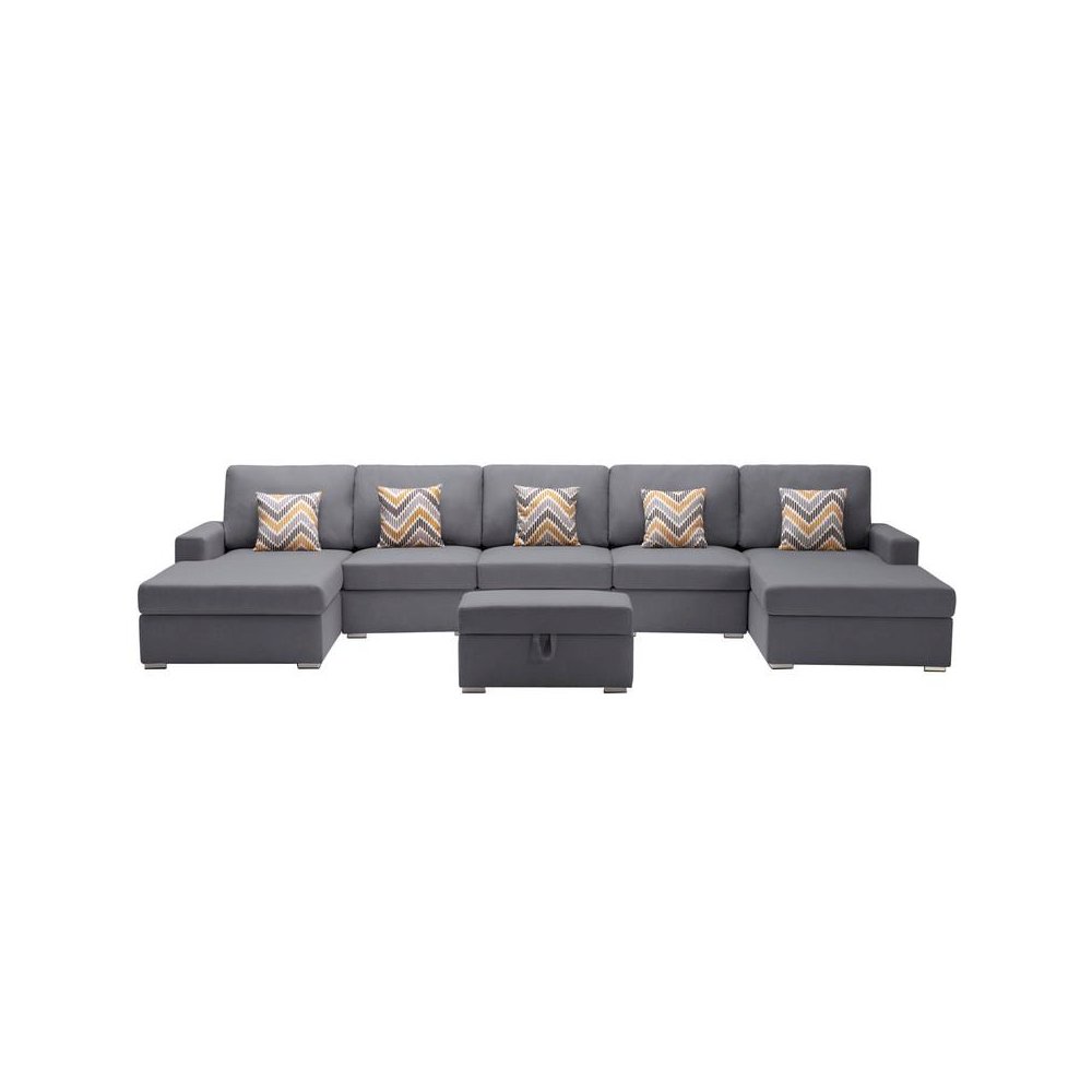 Nolan Gray Linen Fabric 6Pc Double Chaise Sectional Sofa with Interchangeable Legs, Storage Ottoman, and Pillows