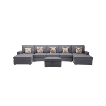 Nolan Gray Linen Fabric 6Pc Double Chaise Sectional Sofa with Interchangeable Legs, Storage Ottoman, and Pillows