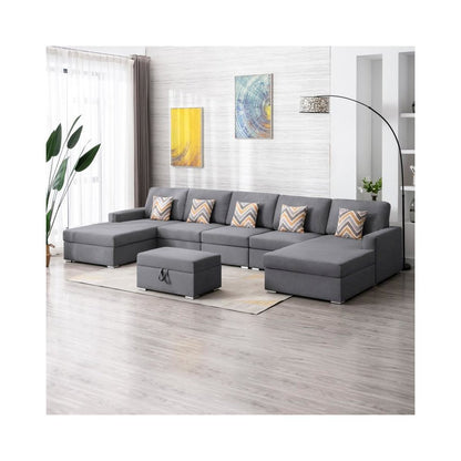 Nolan Gray Linen Fabric 6Pc Double Chaise Sectional Sofa with Interchangeable Legs, Storage Ottoman, and Pillows