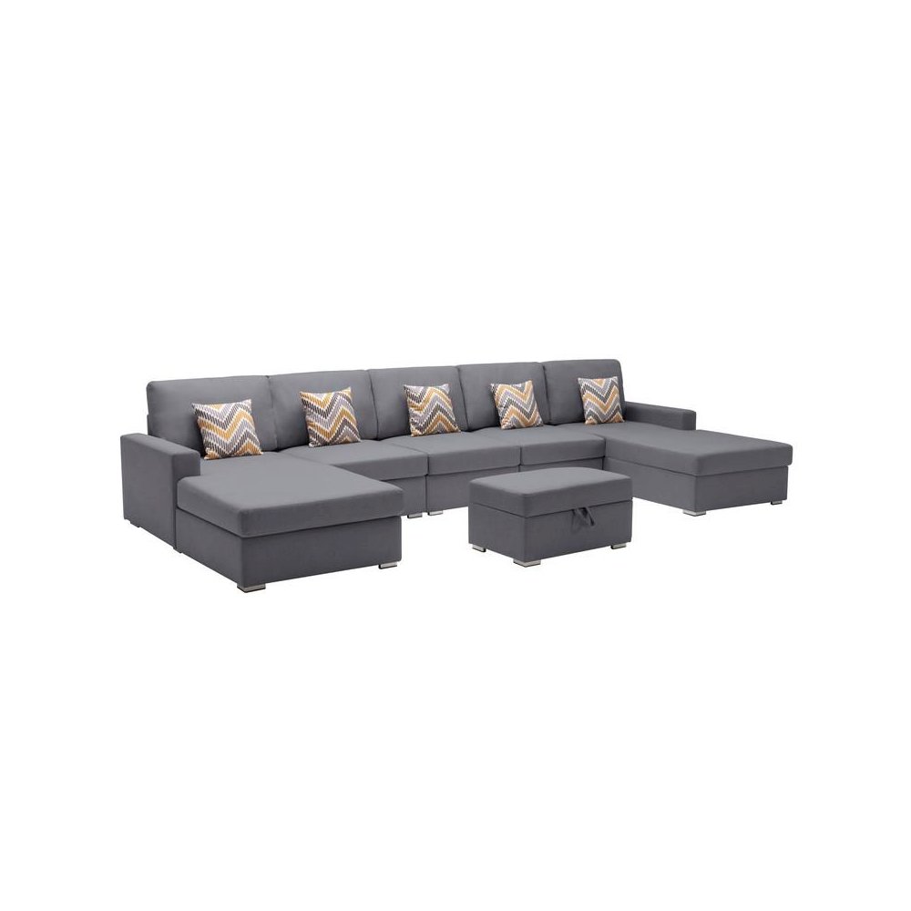 Nolan Gray Linen Fabric 6Pc Double Chaise Sectional Sofa with Interchangeable Legs, Storage Ottoman, and Pillows
