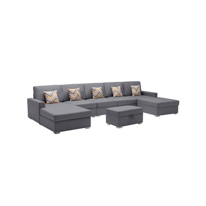 Nolan Gray Linen Fabric 6Pc Double Chaise Sectional Sofa with Interchangeable Legs, Storage Ottoman, and Pillows